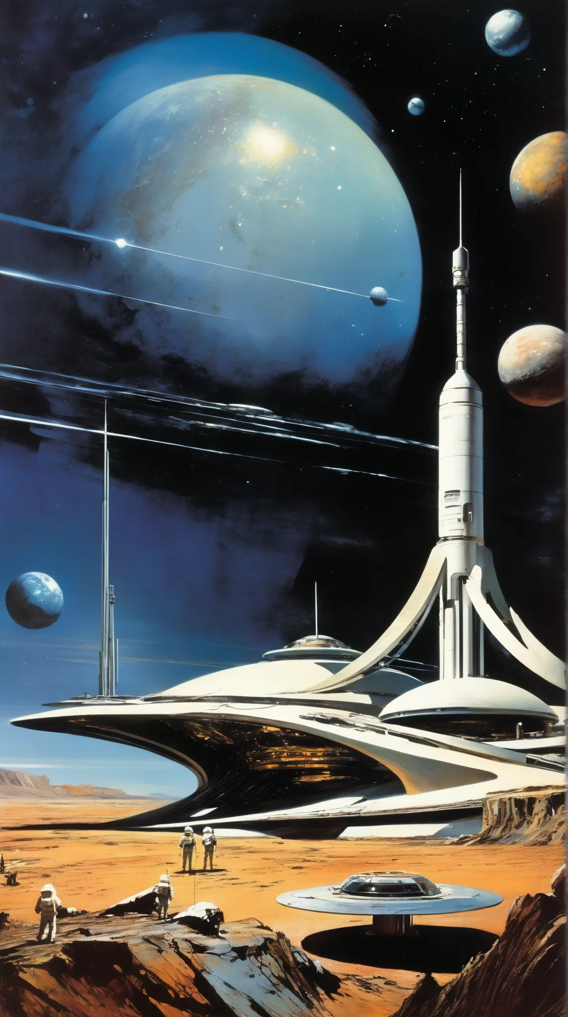 Sleek, elegant observatory watch center architecture on the moon, fantasy painting in the style of John Berkey, 1970s sci-fi book cover., Photo realistic, realism.