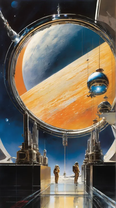 Sleek, elegant observatory watch center architecture on the moon, fantasy painting in the style of John Berkey, 1970s sci-fi book cover., Photo realistic, realism.