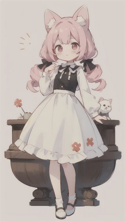 高めの drill twin tail　Droopy white dog ears   cuteデザイン,  the most beautiful girl I've ever seen、 deformed　pink eyes 　 plain background　 1 girl, drill twin tail,  light pink hair　Droopy white dog ears , 縦巻き fluffy浮いてる　cute white and brown dress　Put a brown ri...