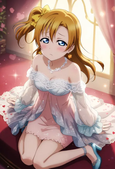 (Masterpiece, Best Quality, High Quality), anime style, love live,kousaka honoka , kousaka honoka,id_honoka_kosaka,love live, blue eyes, brown hair, 8k wallpaper, looking at viewer, earrings, (blush:1.2) , (Elegant, off-shoulder evening dress), deep blue g...