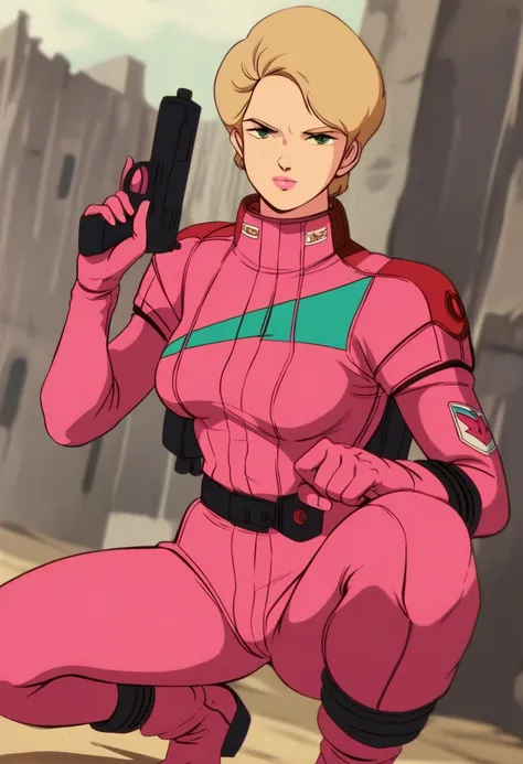 NSFW, score_9, score_8_up, score_7_up, score_6_up, LilaMillaRira, short blonde hair, green eyes, glossy pink lips, soft smiling, relaxed, wearing pink spacesuit, pink pilotsuit, pink gloves, well shaped medium breasts, well shaped hip, thigh gap, looking a...