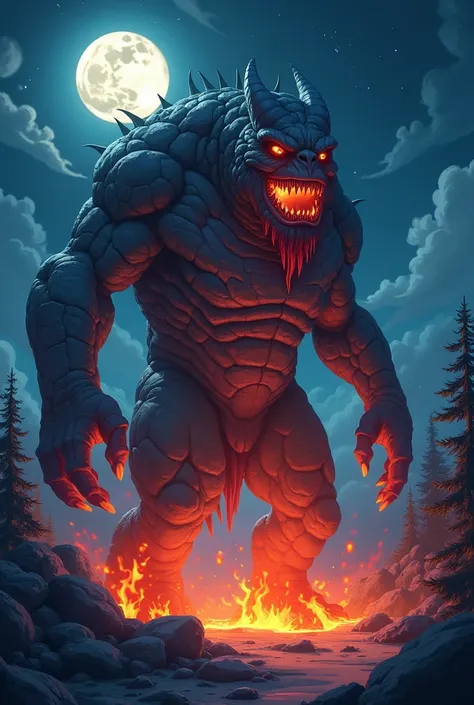 Cragnor comes out into the clearing - a huge stone Creature with cracks from which red-hot magma oozes. His eyes burn with fire, the earth trembles under his steps: the moon, the night, the trees. cartoon