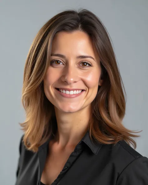 A friendly and approachable woman with warm, light eyes and a gentle, welcoming smile. Medium-length, slightly wavy hair, with a relaxed yet confident posture. The outfit is modern and professional, with a simple yet stylish shirt. The overall aura is calm...