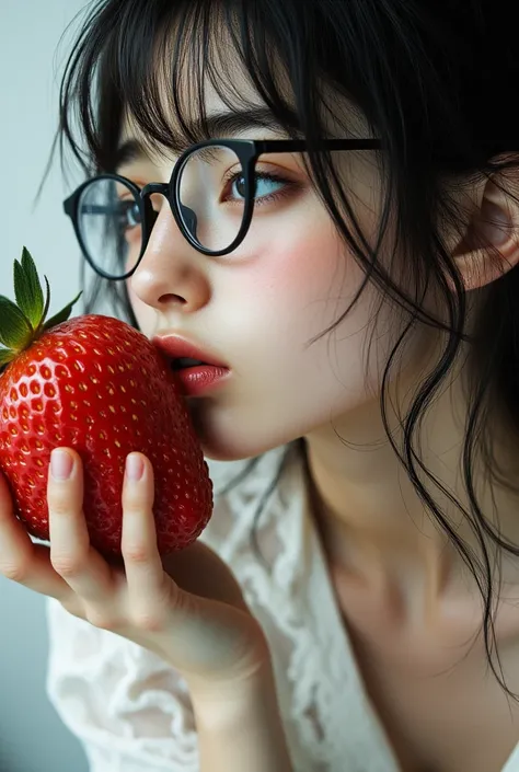 (( top quality)), ((傑 top quality、 Masterpiece、High sensitivity、 Hi-Res、 detailed depiction of up to the front door、 depicting a delicate face ))Slender Woman、Glasses、Fairytale clothes 、Kiss the big strawberry、