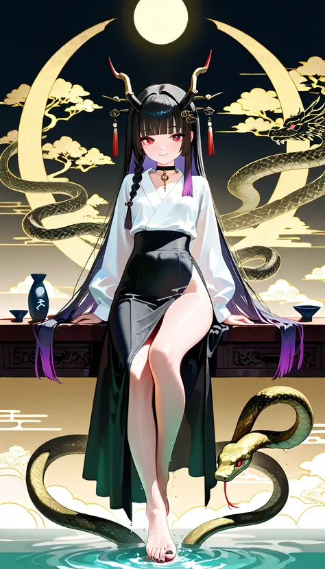 1girl, red eyes, long white braid hair, purple Gradient hair, blunt bangs, hime cut, soft smile, snake, dragon horns, Multiple horns, flat Breast, Traditional office suit, high waist, side slit long skirt, Choker, bare legs, foot, toenails, black nails, ma...