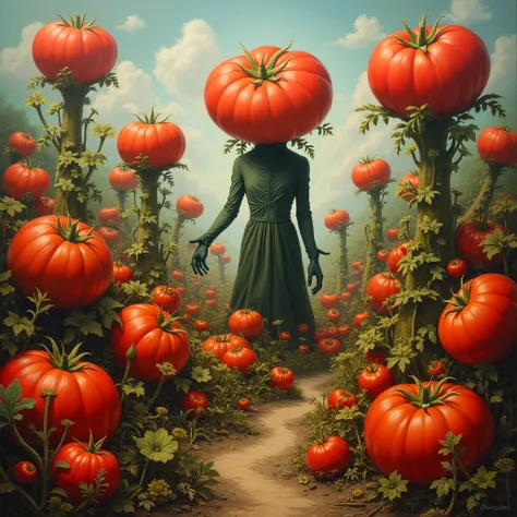 surreal and abstract painting of a magical tomato farm with a strange variety of giant tomato plants in all shapes forms and colors, a strange tall man with a tomato head is seen in the background, classic art, dreamy, surreal, photorealistic, magical, eso...