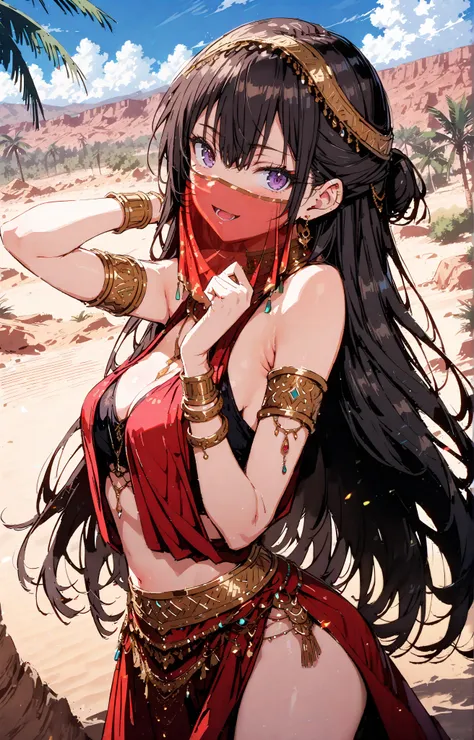  score_9,  score_8_ up,  score_7_ up,  source_Anime, yuki suou,  long hair, bangs,  brown hair,   black hair,  ,  purple eyes, smile,blush, open your mouth,half  updo,,  down blouse, Arabian clothing,  dancer , mouth Veil, belly Dancing, Veil,  armlet, pal...