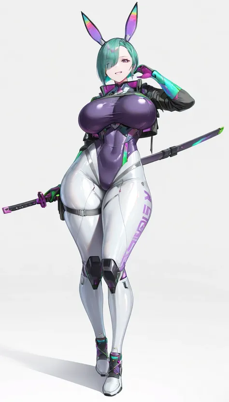 (big breasts, visible curves, Dynamic pose sexy, Full body, Smiling ), best quality, amazing quality, very aesthetic, Thick body, milf, mature, thick thighs , cyberpunk, street style, techwear, E-girl, bunny, synthetic body, stylized, katana, purple and gr...