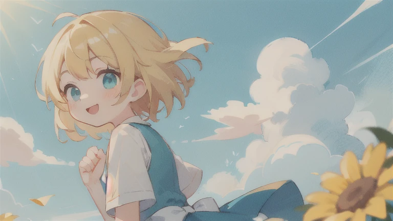  masterpiece,  top quality,  cute,  cute,  1 girl, Alone,   blonde hair,   Aqua Eyes, smile, sunny,  cloudy sky,