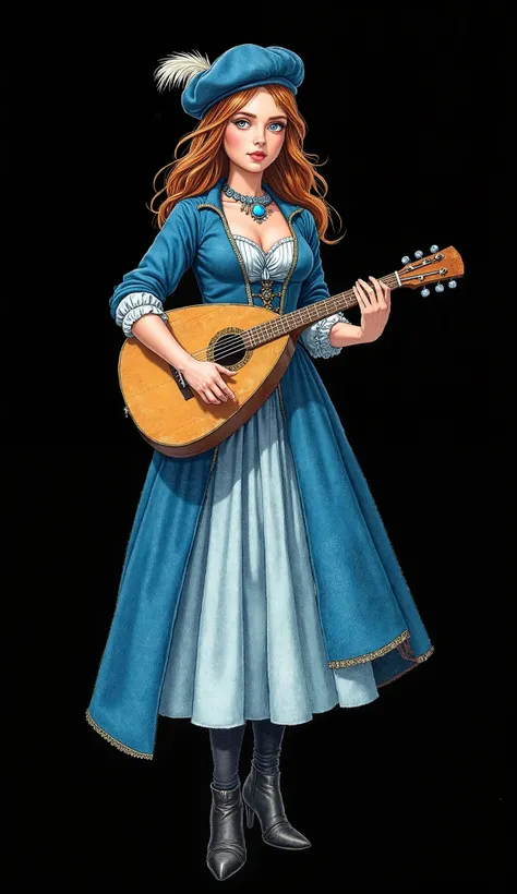 best quality, 5k, extremely detailed, watercolor drawing:1.5, masterpiece, (5 fingers hands), (((bard girl with lute))), slighly tanned skin, random haircut, random hair, pork pie hat with feather , blue coat, brooch with blue gem, bright blue blouse, glov...