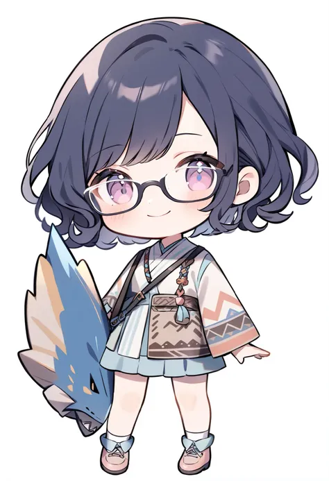  girl， 1 person,  chibi,   pastel colors , smile、Glasses、  dark blue hair,   short hair ,  curly hair、  Monster Hunter、 has a white background、shoes