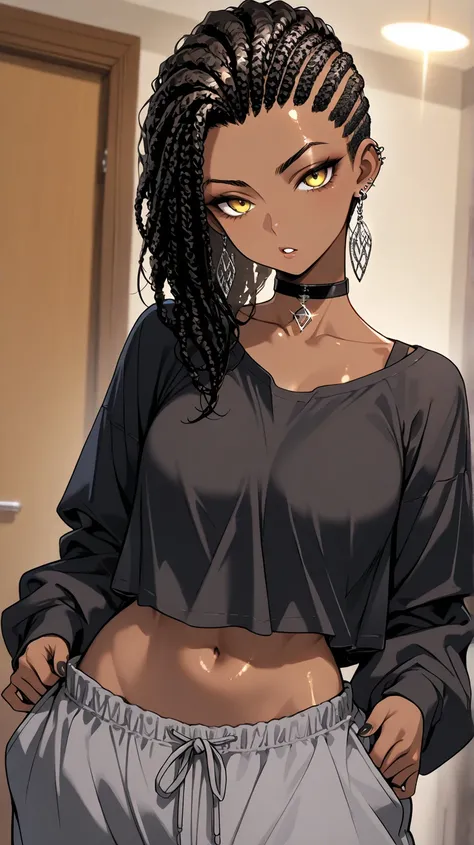 1Girl, Mature, Ebony, African American, Dark Brown Skin, Jet Black Long Cornrows, Cornrows Pulled Back, Shiny Hair, Bright Yellow Eyes, Black Nails, Dark Brown Eye Shadow, Medium Chest, Baggy Black High-Cut Long-Sleeve Shirt, Grey Baggy Pajama Pants, Black...