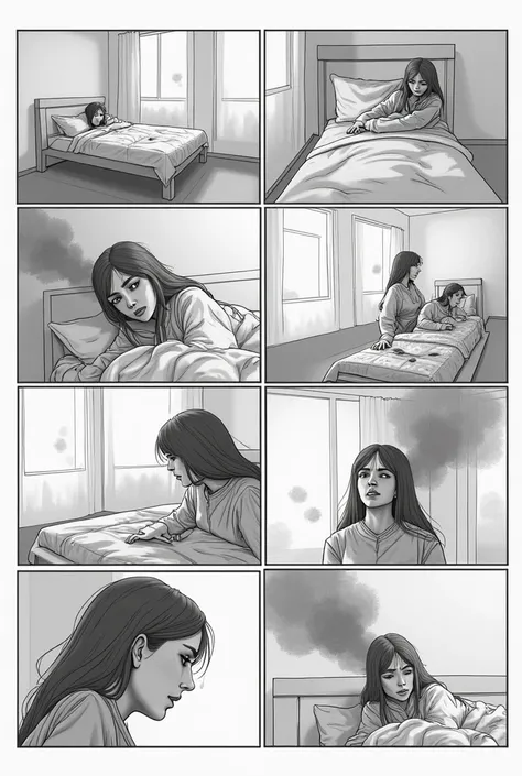  Make a six-grid storyboard about this synopsis :

 In a small room ,  with a window where street light enters ,  Maria sleeps peacefully ,  when suddenly the streetlight explodes .  You see a half-short shot of Mary sleeping .  The smoke of the light that...