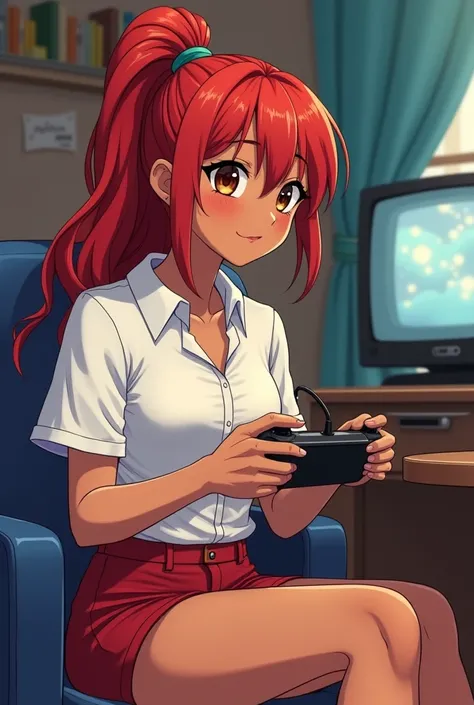 Anime manga style illustration of a black woman, red-haired, red hair in a ponytail ,  brown eyes, beautiful and cute face. Red shorts and a white blouse, Sitting playing video games at a playhouse in a relaxed and distracted way.  Every body must be visib...