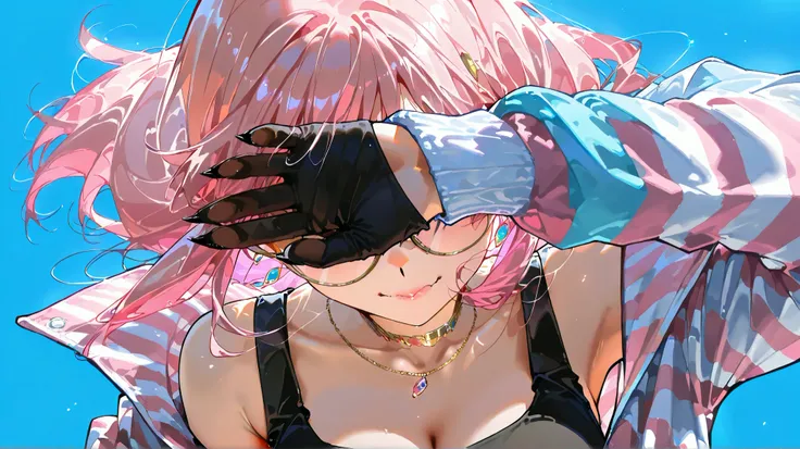 A woman with pink hair wears a 、 wear futuristic round glasses with colorful jewels on the frame、Covering eyes。,  Long, sharp claws ,  cute anime style, Y2K Aesthetics,  simple background,  black tank top ,  pink striped jacket , 