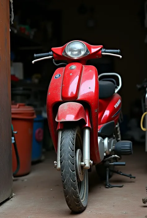 Create a Yamaha ybr 125 cc red color motorcycle with scratches on its body and make it look like standing in some middle class house 
