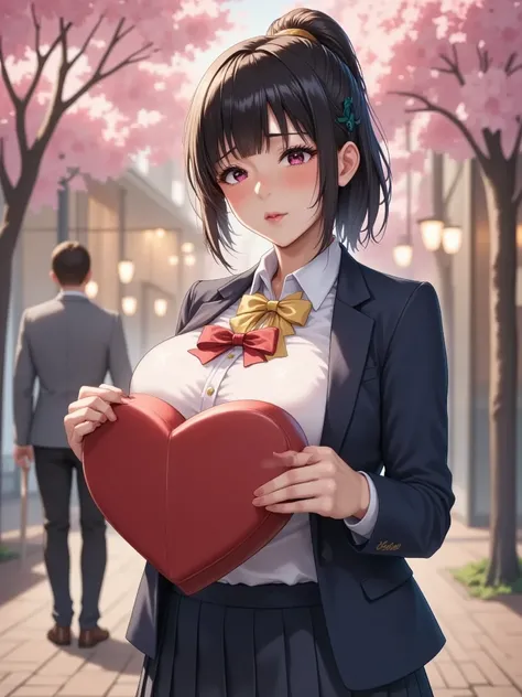  riverside walk with cherry blossoms ， Young girls dressed in high school exchange chocolates under street lights。 The girl holds a heart-shaped gift box with a gold ribbon tied with her left hand ， tap the red cheek with the index finger of the right hand...