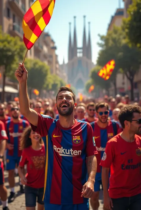 Create people in Catalonia going to watch the Barcelona game