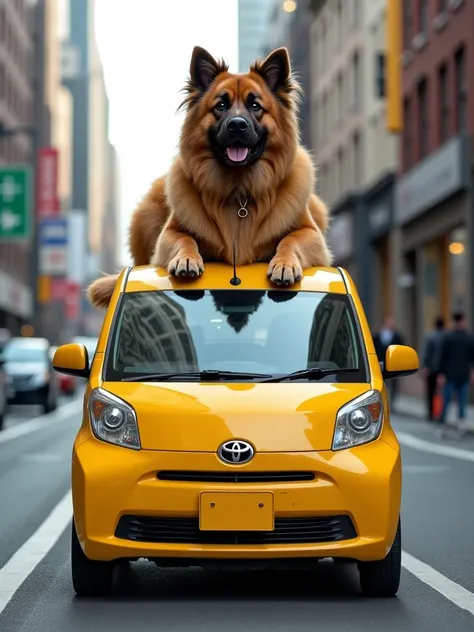  Leonberger riding on the roof of the 2015 2nd generation Toyota Sienta。The color of the Sienta is yellow 。