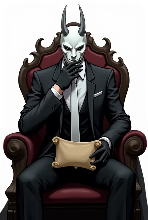  anime style, man,  black suit,  white tie, Oni white mask, sitting on a throne,  white background, Showing old parchment roll, Hand on face, black gloves,  white eyes 