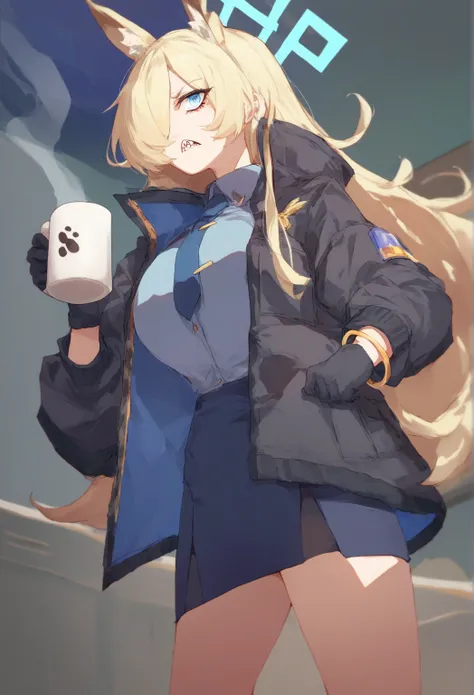  score_9,  score_8_ up,  score_7_ up,  source_Anime, Alone,  1 girl, I have a Kannadef ,  Sharp Tooth ,   is watching you under a big full moon,  is standing,   Holding Coffee Mugs,  hair covering one eye,   animal ears,  extra layer ,  blue halo ,  black ...