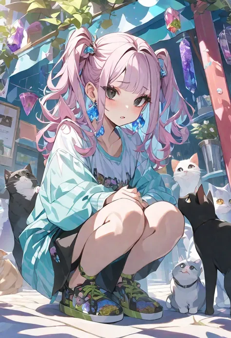  one girl、
Her hair color is pink and light blue 、 princess cut 、 two side up , 
Round eyes、My eyelashes are growing dry 、black eyes、
Clothes are casual、Are you good at using flashy colors、 Accessories、Earrings、
Being flocked by animals、cat、
 Hi-Res,  high...