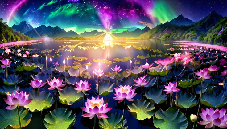 超 high image quality, high image quality, high quality , Spectacular Scenery , Magnificent Pure Land of Paradise ,((Heavenly world)),((( A large group of huge and very beautiful lotus flowers that fill the surface of the lake))),(((There are 100000 lotus...