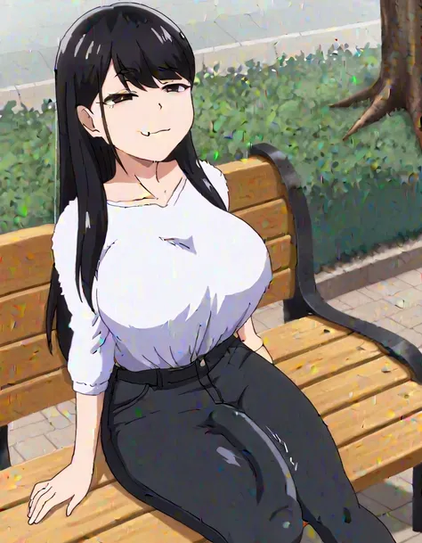 large_breasts, solo, kuroda Hikari, down_bulge, black_hair, black_eyes, smug, jeans, park_bench, tree,, masterpiece,best quality,absurdres, amazing quality