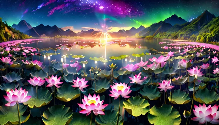 超 high image quality, high image quality, high quality , Spectacular Scenery , Magnificent Pure Land of Paradise ,((Heavenly world)),((( A large group of huge and very beautiful lotus flowers that fill the surface of the lake))),(((There are 100000 lotus...