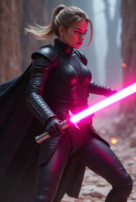 A female Jedi, pink lightsaber, wearing a black amour suit, revealing suit, caped, lightsaber reflect at her face, cinematic lighting, dynamic action pose and angle, complex atmosphere, Shadows and Highlights 