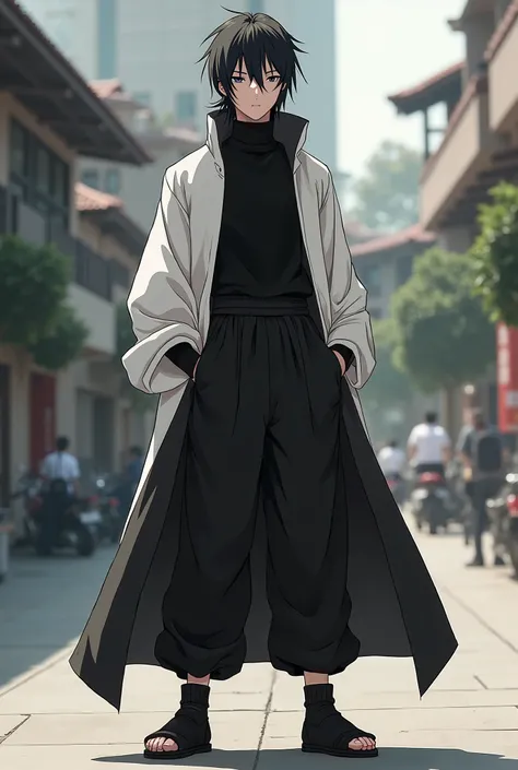 Naruto style dress design, black long pants, white shirt inside, black turtleneck outside, black mid-front kicking shoes