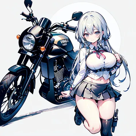  masterpiece, top quality,One, (((wearing  miniskirt))),  girl, chibi,motorcycle, jump, (frown:0.9),smile, speed,  motion lines, helmet,  miniskirt、A silly smile、((( big breasts:1.5)))