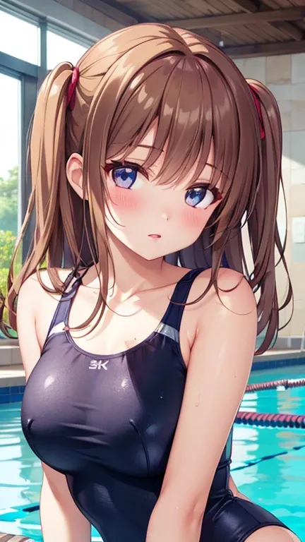 1girl, solo,  One side up,long brown Hair , masterpiece, top quality, high resolution, unity 8k wall paper, illustration, detailed eyes, extra detailed face, Highly detailed CG, glossy lips,  blush, one-piece swimsuit,  indoor pool