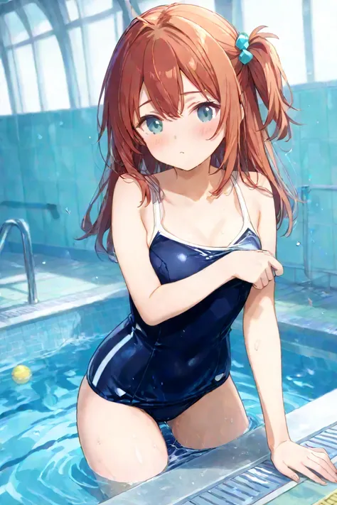 A girl in a school swimsuit　 Embarrassing　 pool　