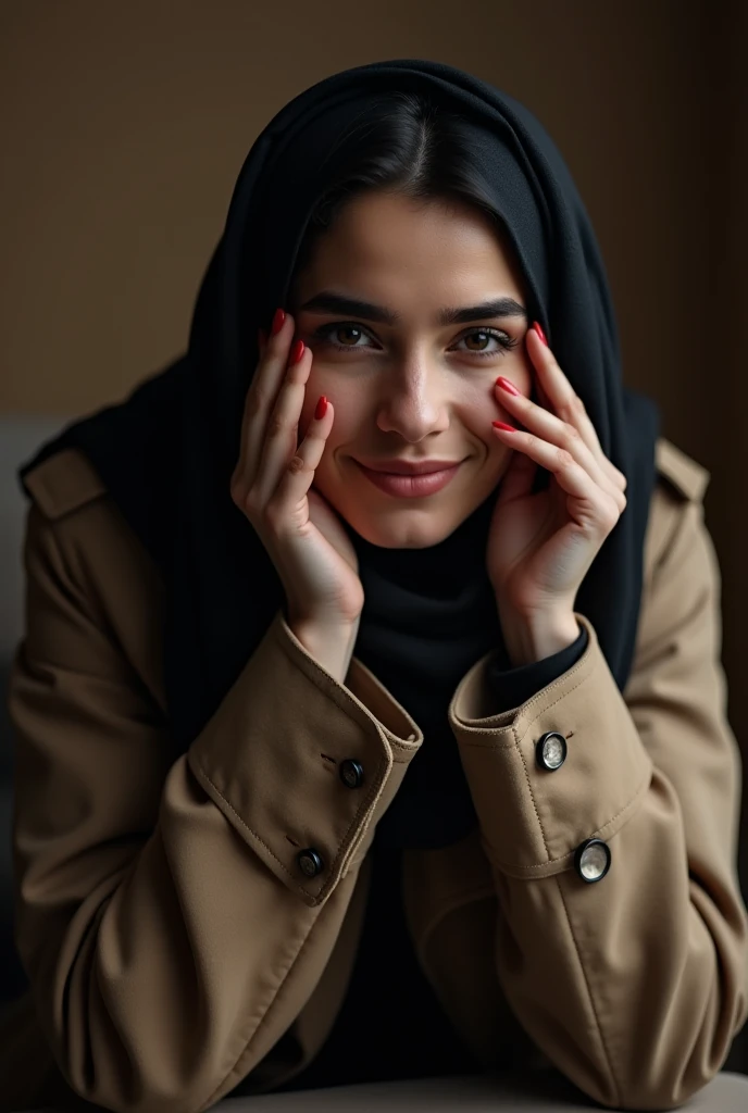 A beautiful married Arabian woman with her husband thief.she wearing a  trench coat and BDSM cotton coat is offstamding.she wearing a black scarf.she sitting on the chair.shes hands on the her face.she smile to viewer.they are like poor style room and dres...