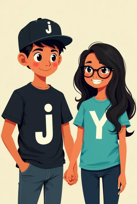 Create an image of two teenagers :  a boy and a girl holding hands . The boy gordito dressed in a black camiseta and a black cap with the letter j in the front.  The girl with long black hair black glasses and a turquoise shirt with the letter Y on the fro...