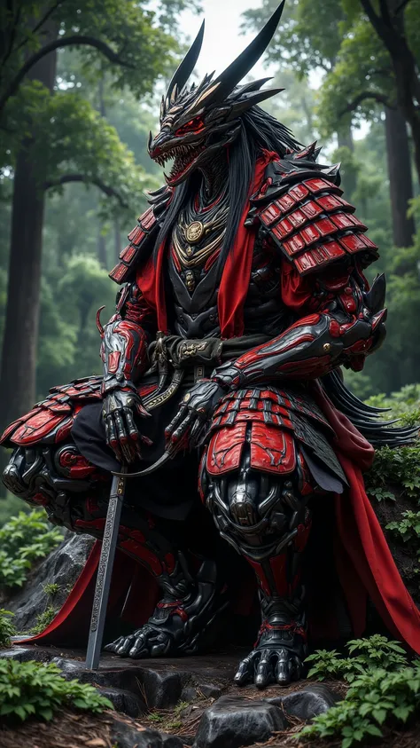 man，Humanoid dragon warrior in samurai garb，Sitting on a rock in a lush forest。 Height detail 、 Cinematic light 、Anime-style shading and strong lines。Fantasy character design，With sophisticated red and black armor and traditional samurai elements。Stylized ...