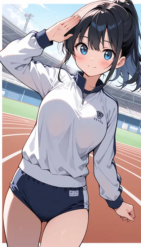 ( beautiful girl : 1.3), 1 girl,(White gym clothes, Long Sleeve,Dark blue buruma, pubic hair), black hair, ponytail,smile, is bashful,blush, Sports, moving, dynamic angle,masterpiece, top quality, ultra high resolution, rich contrast, high image quality,8k...