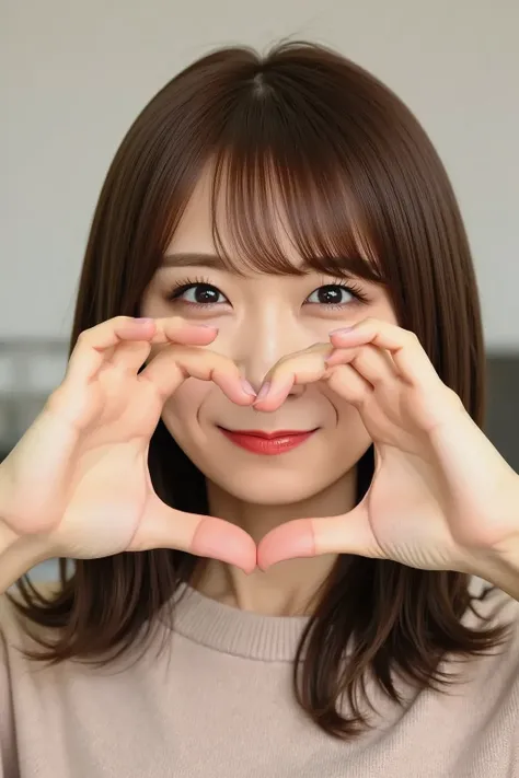 "A close-up of a woman's face with her hands forming a heart shape in front of her face. The focus is on her facial expression, with her eyes gazing into the camera. The hands are gently placed to create a clear heart shape, and the background is softly bl...