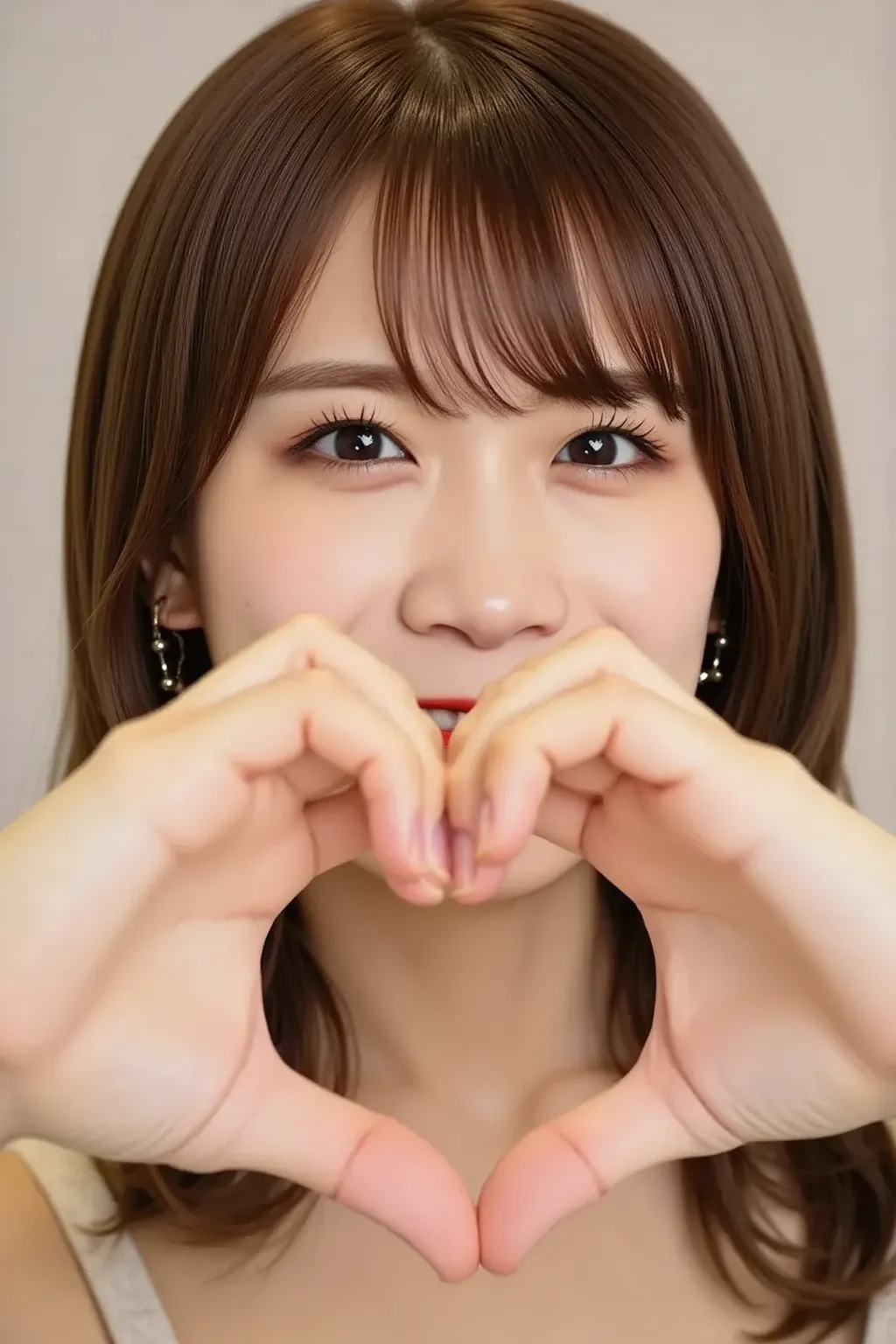 "A close-up of a woman's face with her hands forming a heart shape in front of her face. The focus is on her facial expression, with her eyes gazing into the camera. The hands are gently placed to create a clear heart shape, and the background is softly bl...