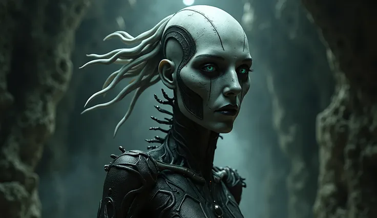 Create a hyperrealistic image of a female Cenobite, inspired by the dark, surreal style of H.R. Giger and the eerie atmosphere of Hellraiser. The Cenobite should have an elongated, skeletal form, adorned with intricate biomechanical elements that blend fle...