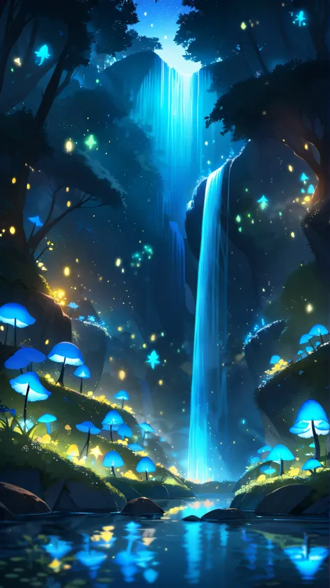 A hidden valley illuminated by glowing blue mushrooms, with a crystal-clear waterfall that reflects the starlit sky. The air is filled with magical fireflies, creating an otherworldly atmosphere.