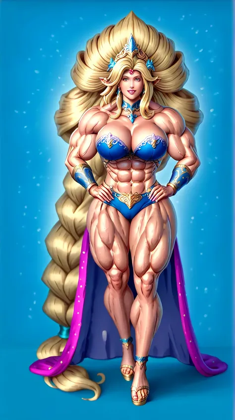 ((Fullbody view)), ((from toes to head)), blonde woman, she is very muscular and beautiful, massive bulging musculature, she wears (glittering fantasy robes: 1.7), she flexes her mighty muscles, blonde as fantasy sorceress, massive traps biceps and quadric...