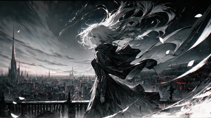 up-and-coming works of art, fusion of watercolor and oil painting, monochrome, no color, best quality, super fine, 16k, incredibly absurdres, extremely detailed, beautiful ephemeral girl stands in the city, wind, wind-effect, moonlit night view, (magnifice...