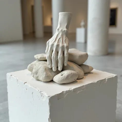 Stones and hands are lying next to each other. Everything is plaster.  stand. The base is unpatterned plaster. It's in the exhibition hall. The hand in the work is as wrinkled as a grandmother's