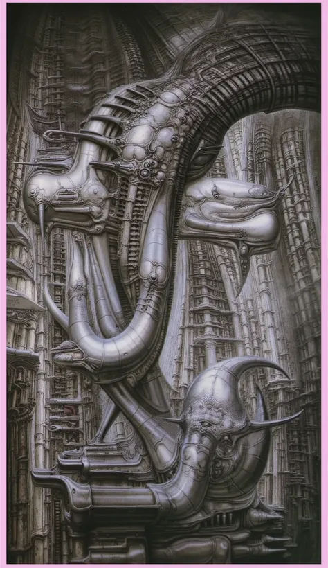 Please reproduce the original image as accurately as possible, capturing the intricate details of the biomechanical structures, the dramatic lighting, and the overall sense of unease. Find and enhance depiction of Giger's demons and creatures.(best quality...