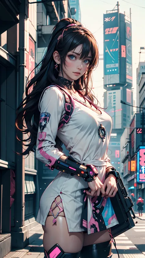   A very young and cute  from the anime is standing in front of a building wearing a dress and headband, digital  Cyberpunk Anime Art ,  Digital Cyberpunk - Anime Art,  anime cyberpunk art , cyberpunk anime girl, cyberpunk anime girl mech,  anime style 4k ...