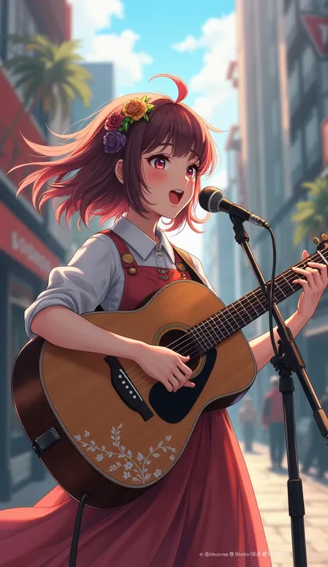  very cute girl playing guitar while singing on the street、 Hi-Res、 masterpiece、 artwork、 fanart、The hair color is like 々To、