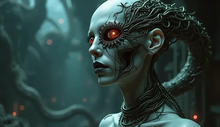 Design a hyperrealistic image of a female Cenobite, merging the haunting aesthetics of H.R. Giger with the chilling essence of Hellraiser. She should be depicted in a dimly lit, otherworldly environment that feels both claustrophobic and expansive, filled ...