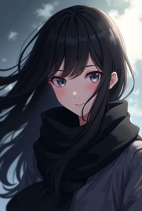 Black Long Hair Anime Girl Wearing Black Scarf